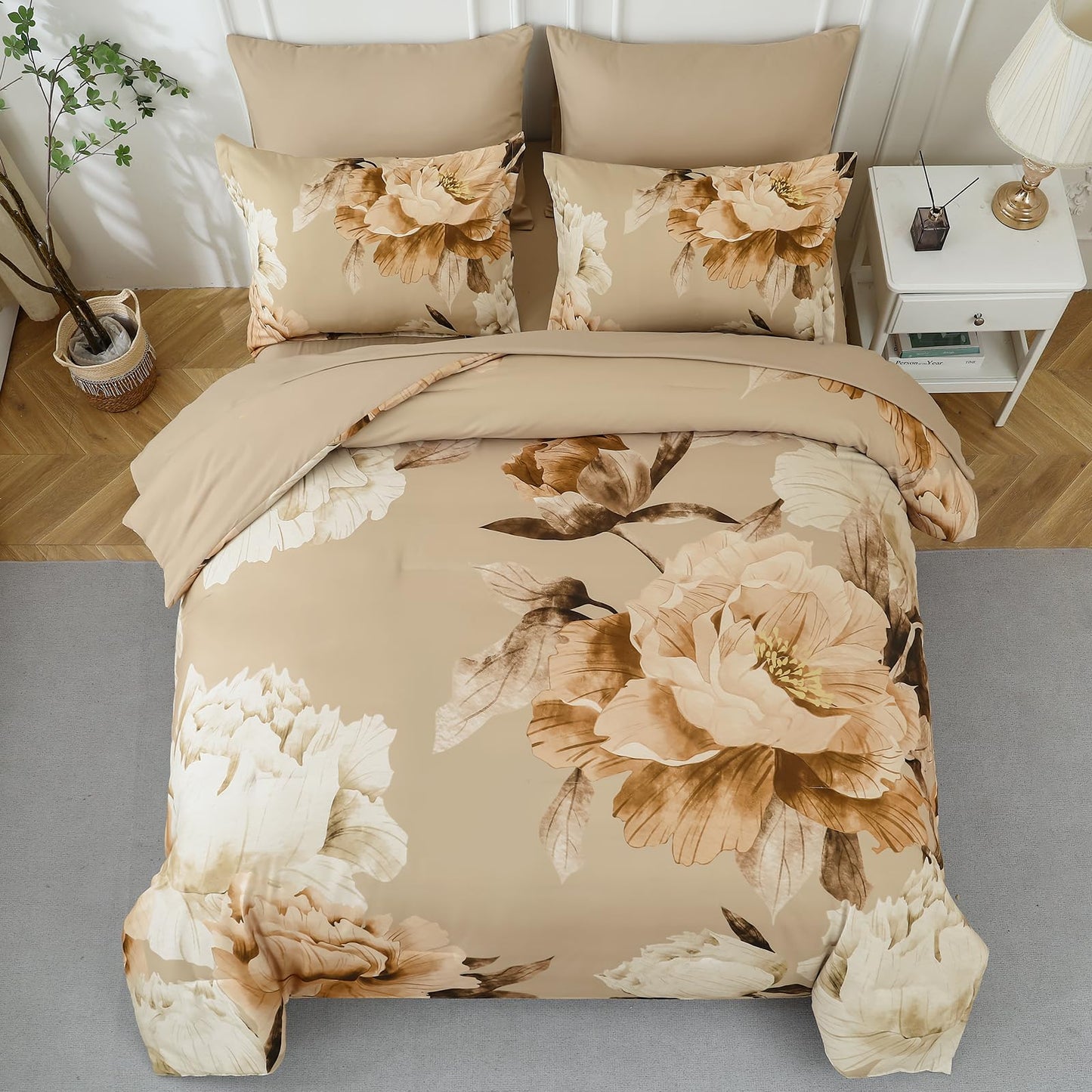 Dobuyly Khaki King Size Comforter Set 7 Piece Bed in a Bag King, Taupe Floral Fall Comforter Set with Sheets, Soft Microfiber Farmhouse Complete Bedding Set for All Season