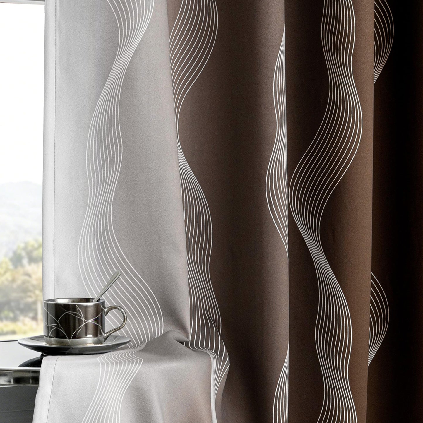 MYSKY HOME Brown and Greyish White 95% Blackout Ombre Curtains 63 inch Length 2 Panels for Bedroom Black Out Thermal Insulated Wave Line Foil Print Design Gradient Drapes for Office Classroom, W 52"