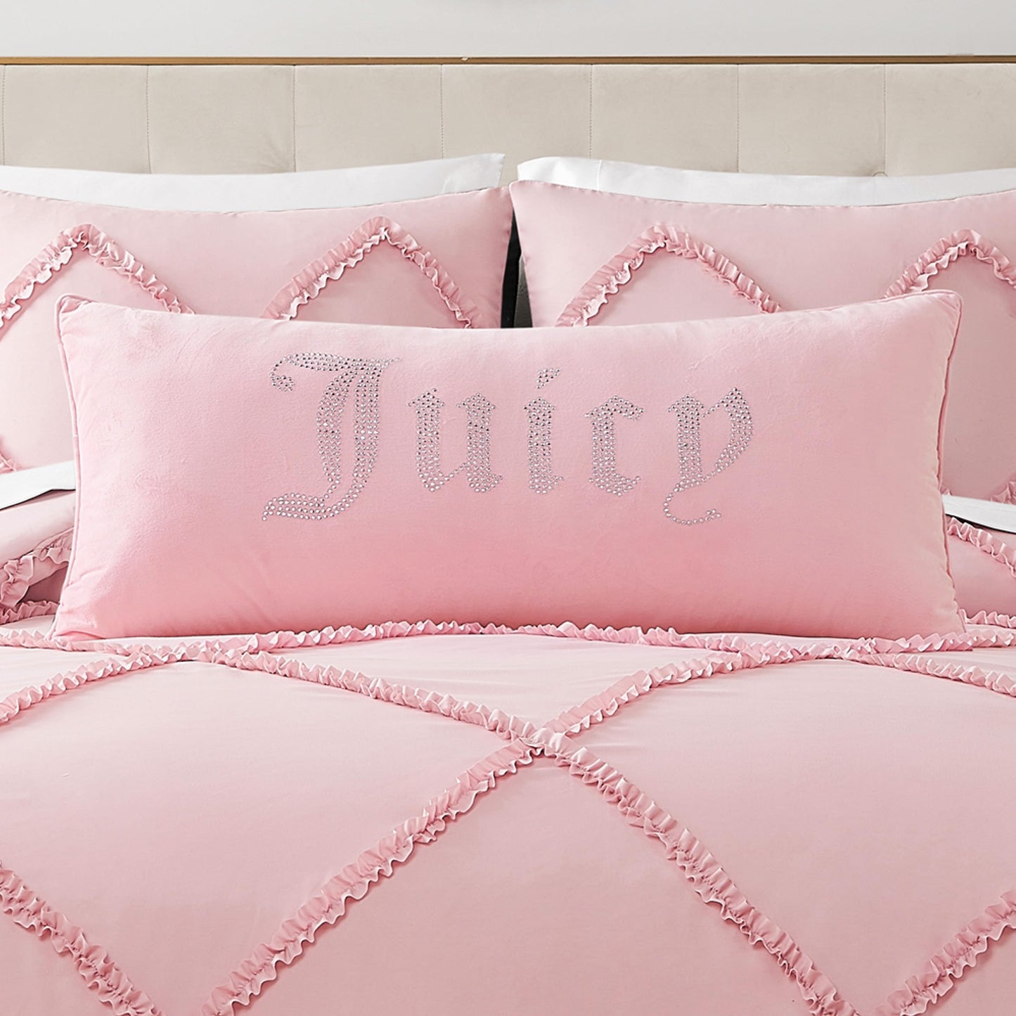 Juicy Couture Silver Rhinestone Decorative Pillow - Premium Throw Pillow - Living Room and Bedroom Décor - Hannah 16" x 36", Light Pink Velvet
