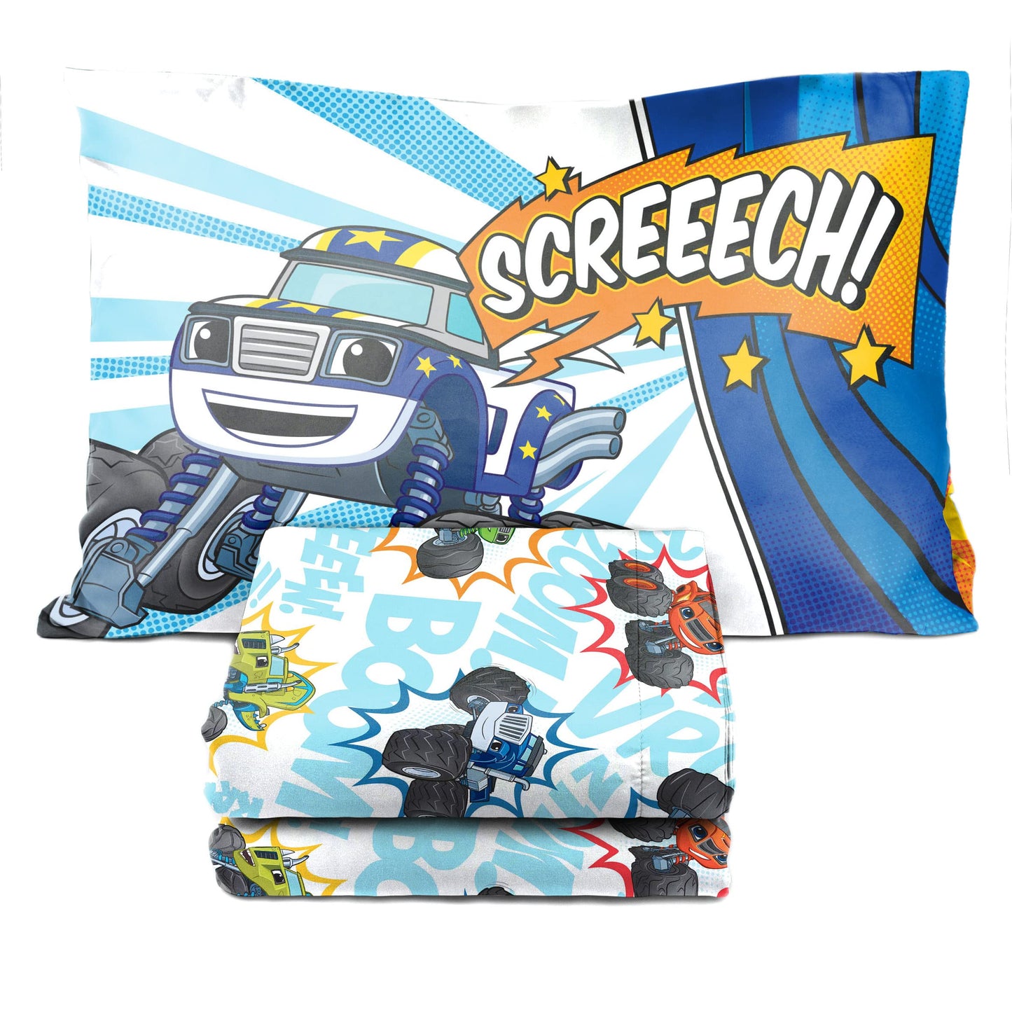 Jay Franco Blaze and the Monster Machines Off to The Races 4 Piece Toddler Size Bed Set – Super Soft Microfiber Bed Set Includes Size Comforter & Sheet Set (Official Blaze Product)