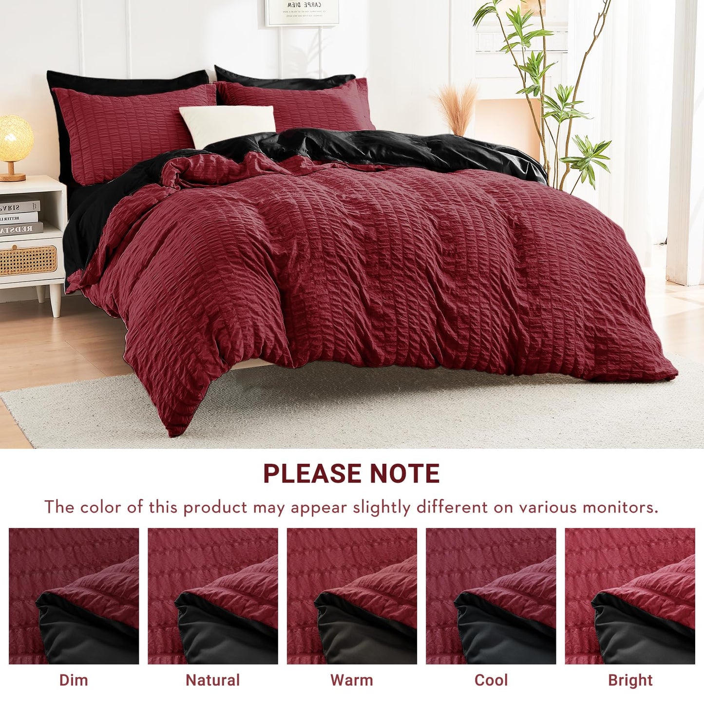 HYMOKEGE Red/Black Oversized Queen Comforter Set Seersucker 7 Pieces, All Season Luxury Bed in a Bag for Bedroom, Bedding Set with Comforter, Sheets, Pillowcases & Shams