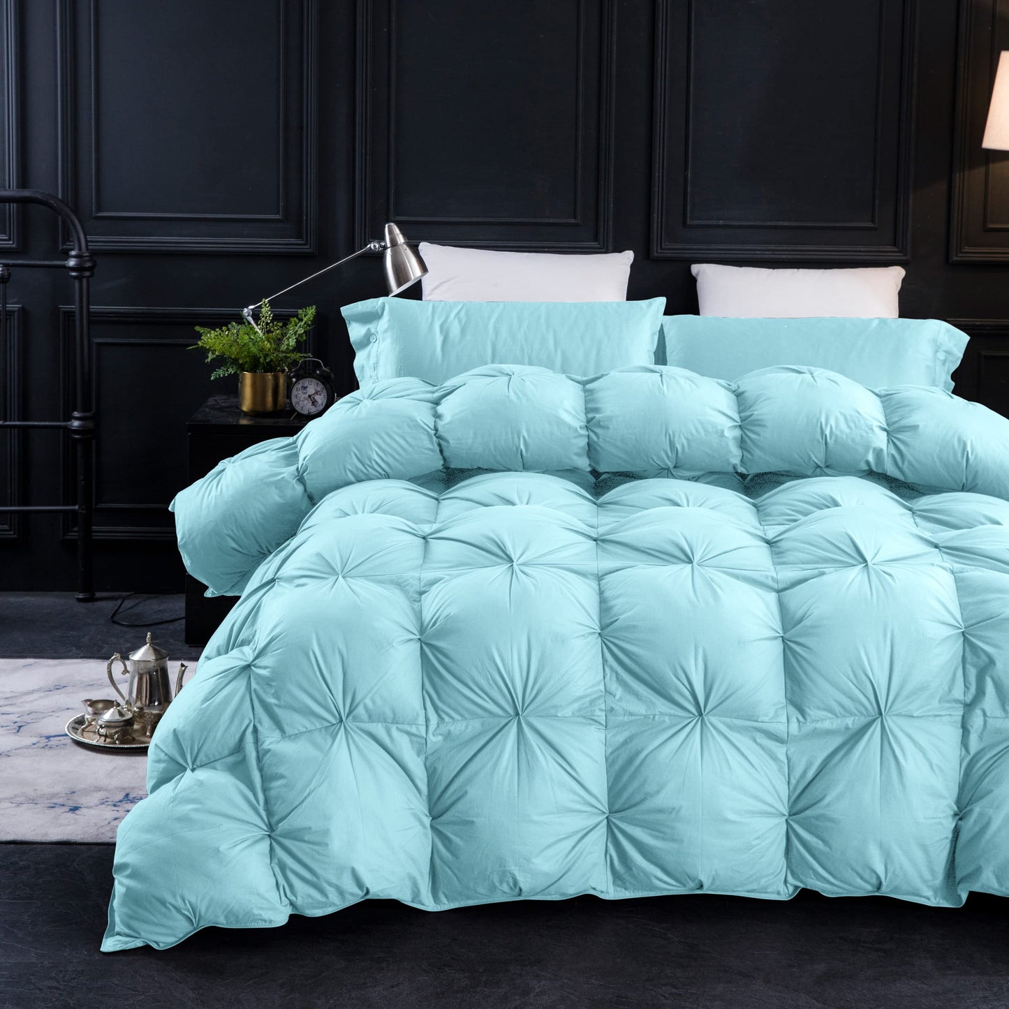 Three Geese Pinch Pleat Waterfowl Feathers and Down Comforter Twin Size Duvet Insert,750+ Fill Power,1200TC 100% Cotton, Premium All Seasons Aqua-Sky Warm Hotel Comforter with 8 Tabs.