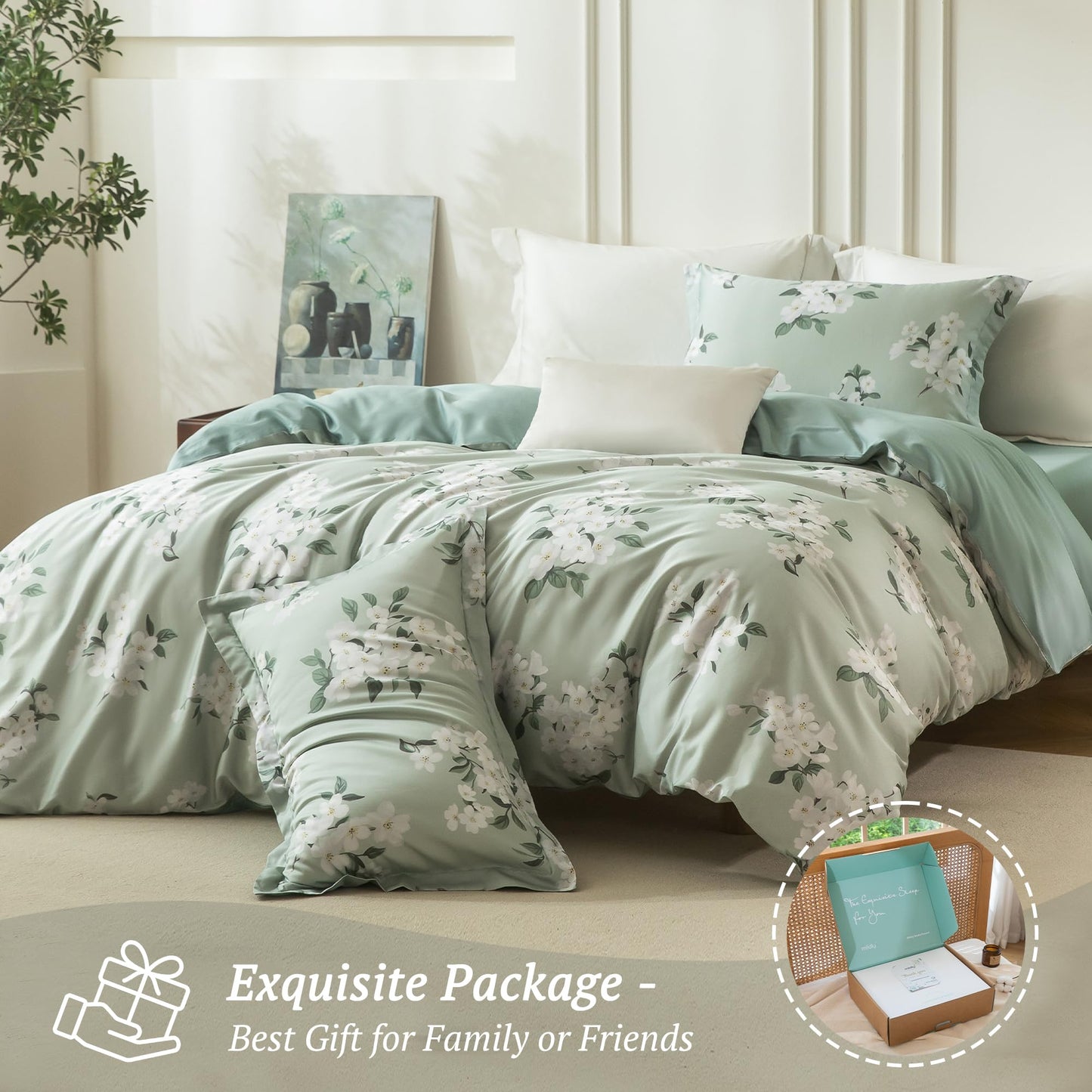 MILDLY Queen Size Duvet Cover Set 100% Long-Staple Cotton Luxury Sage Green Floral Patten Reversible Comforter Cover Set 3Pcs