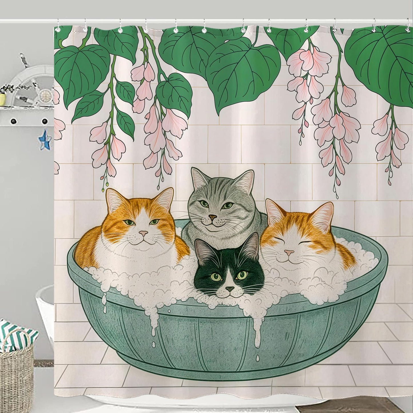 Kanuyee Adorable Cats Shower Curtain Set Cozy Plant Pot Design Waterproof Bathroom Shower Curtain Cute Feline Group Print Charming Home Decor 72x72 Inch