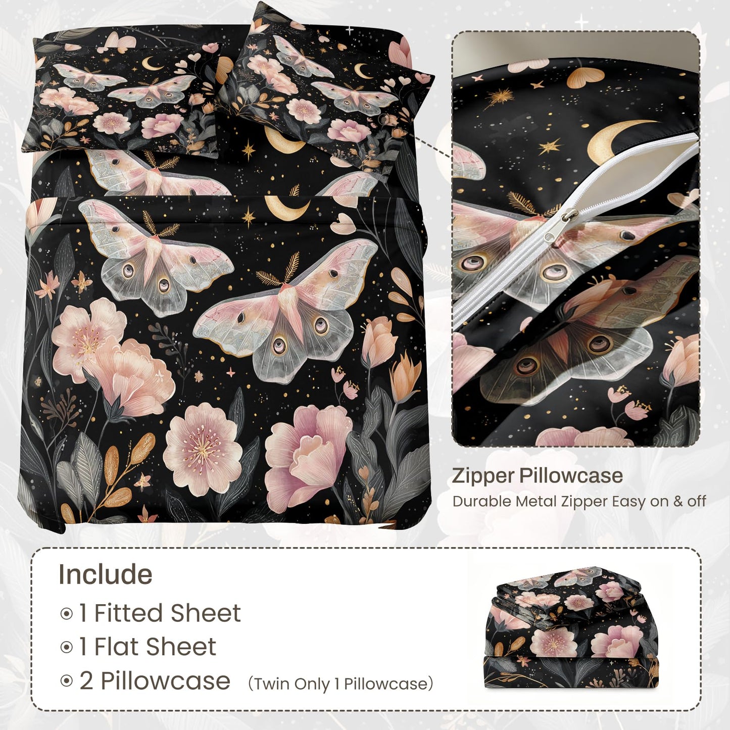 Pink Luna Moth Bedding Set 4 Pcs Girls Moon Star Full Sheets