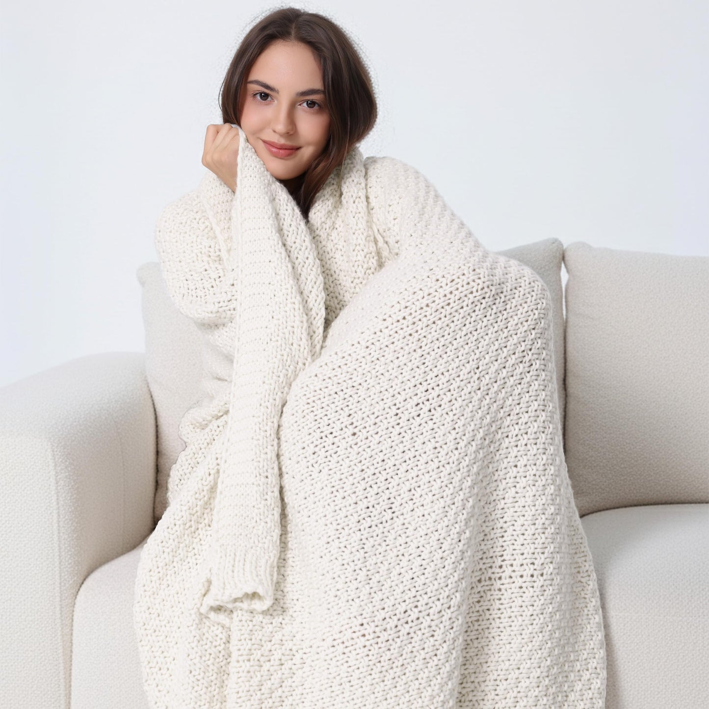 WDCOZY Chunky Cable Knit Throw Blanket Super Soft Warm Knitted Throw Blanket for Couch, Sofa, Chair, Bed Lightweight Breathable Cozy Comfortable Home Decorative Ivory Cream White 50x60 Inches