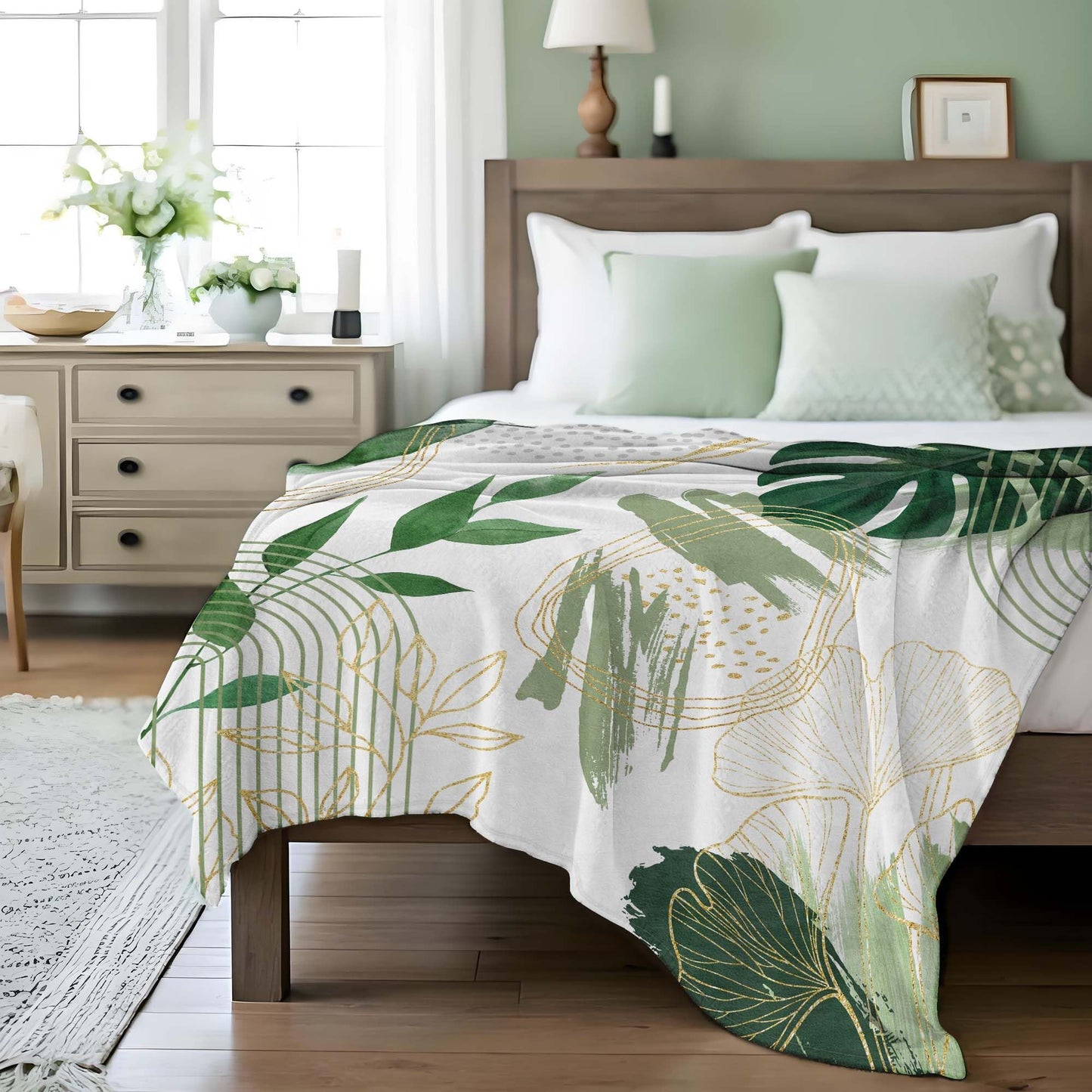 Pdvbiee Sage Green Leaf Throw Blanket, 50x60 in