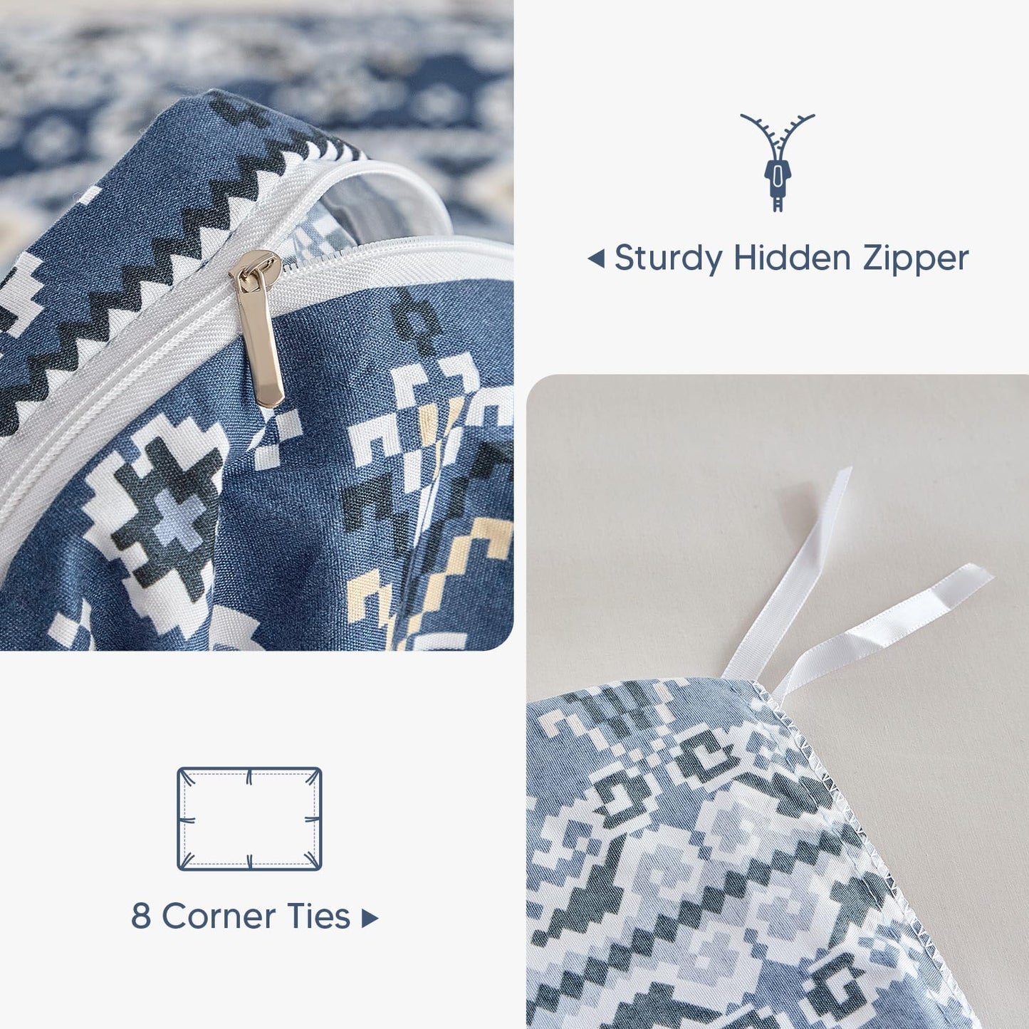 Lekesky Boho Duvet Cover King Size, Blue Comforter Cover King Size White Geometric Floral Printed Duvet Set, 3 Pieces Soft Microfiber Bedding Set with Zipper Ties (King, 104"x90")