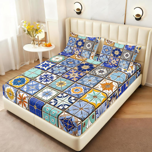 AILONEN Boho Flower Print Queen Fitted Sheet Set - Colorful Tile Style Bedding for Room Decor,Bohemian Sheets with 2 Pillowcases
