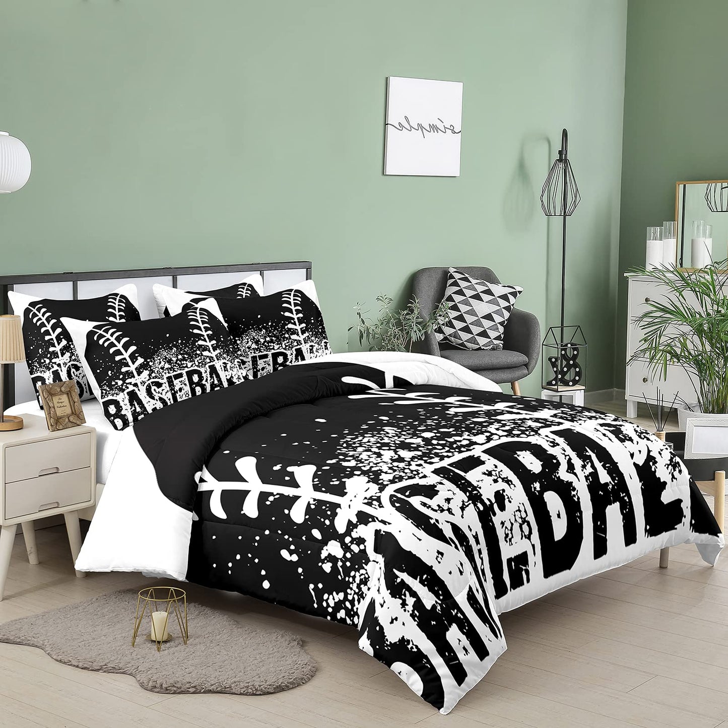 Bodhi Black and White Comforter Set,Sports Bedding Set for Kids,Boys Baseball Bedding Full Size,Kids Comforter Set with Pillowcases,Teen Boys Bedding Set Full Size