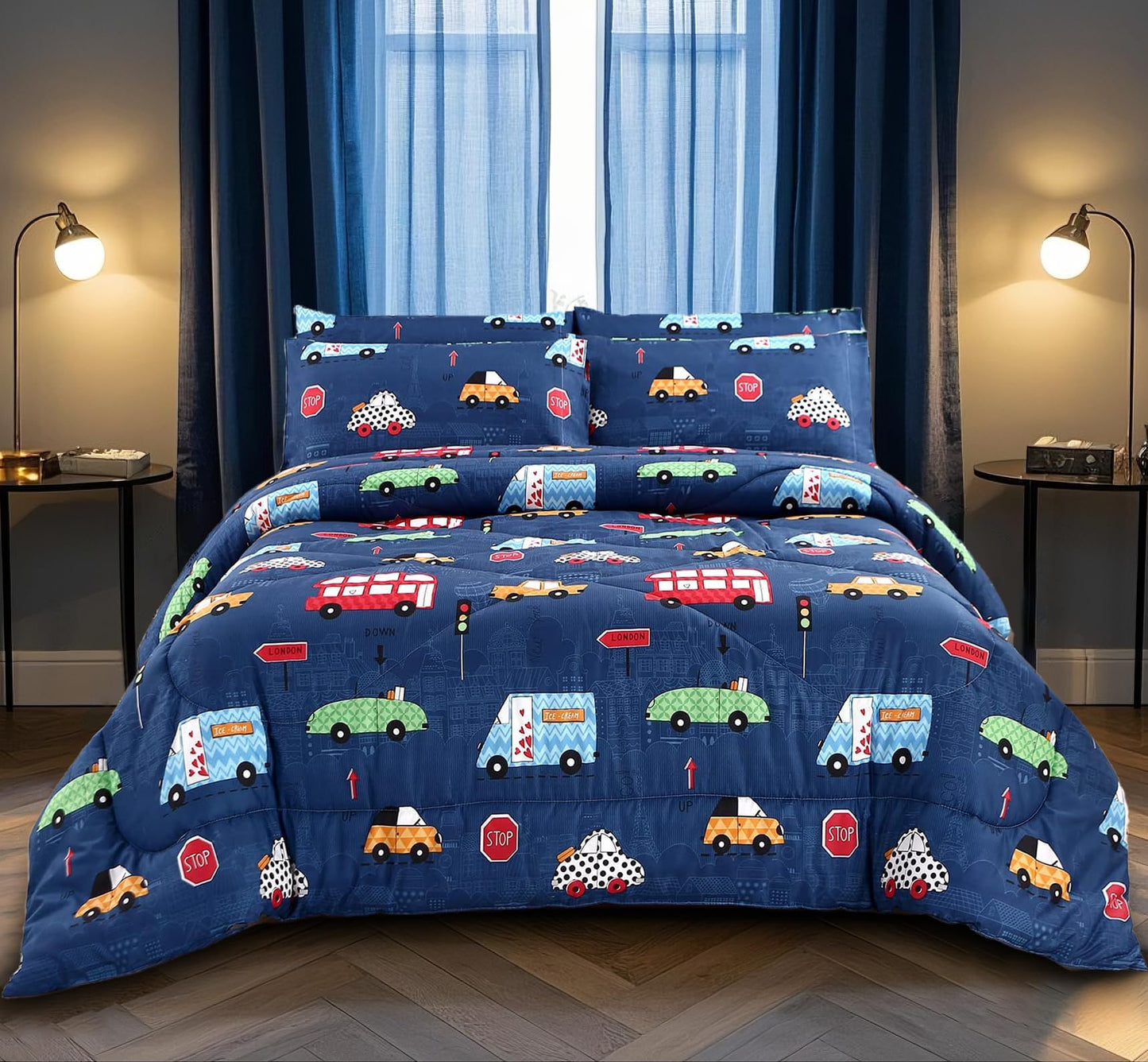 MAG 3Pcs Cartoon Car Bedding Comforter Set,Blue Cute Twin Comforter Set for Toddlers Kids Boys Teens and Girls,All Season Microfiber Super Soft,Twin Size