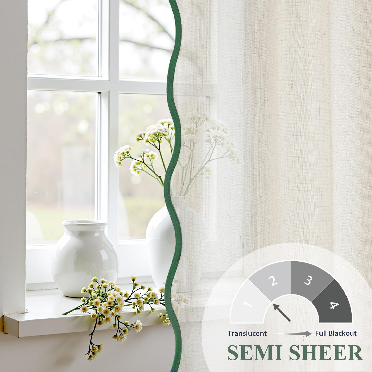DriftAway Semi Sheer Scalloped Edge Linen Coastal Beach Window Curtains for Living Room Bedroom 2 Panels Rod Pocket Each Size 52 Inch by 84 Inch Loden Green