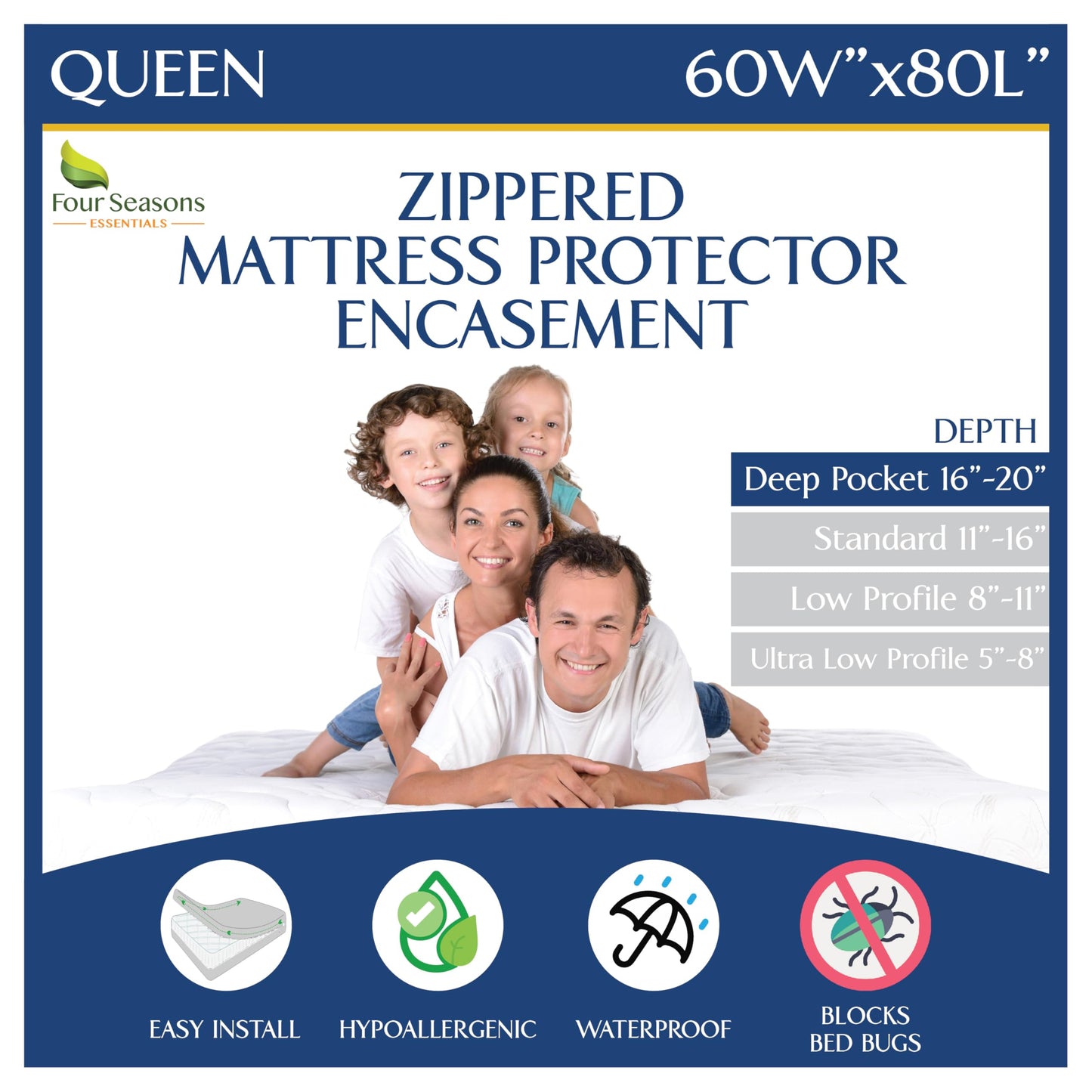 Queen Mattress Protector Bedbug Waterproof Zippered Cover - Deep Pocket Fits up to 20" Depth - Hypoallergenic Premium Quality Encasement Protects Against Dust