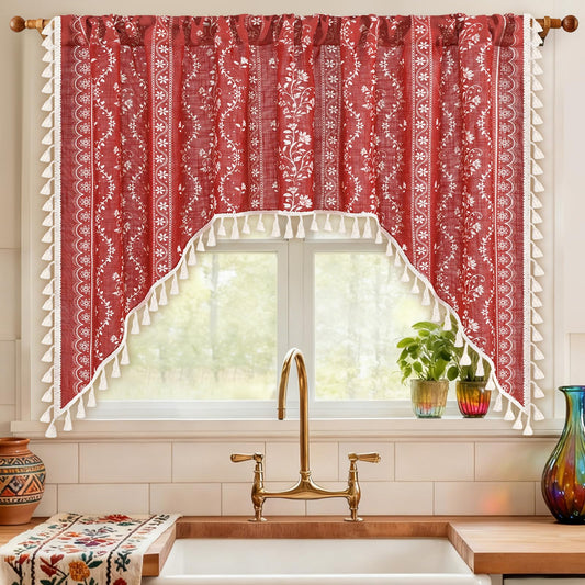 Yinhua Boho Swag Valance Curtains Vintage Linen Valances for Windows Light Filtering Floral Kitchen Valance Rod Pocket Farmhouse Rustic Tassel Window Valances for Bathroom Cafe, 60" W x 36" L, Red