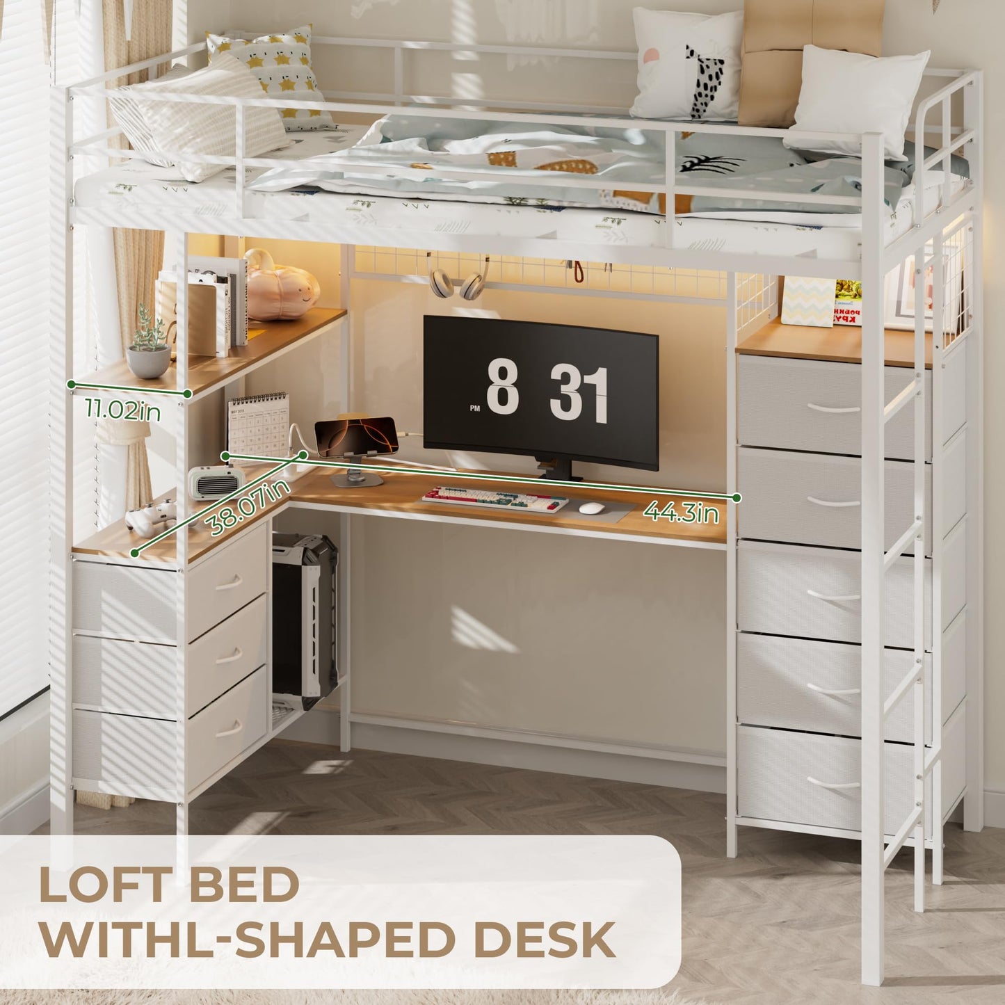 Godchoices Twin Size Loft Bed with L-Shaped Desk and 8 Storage Drawers, Metal Bunk Bed Frame with LED Lights,Power Outlet and 3 Storage Shelves,Twin Loft Bed with Safety Guardrail & Ladder (White)