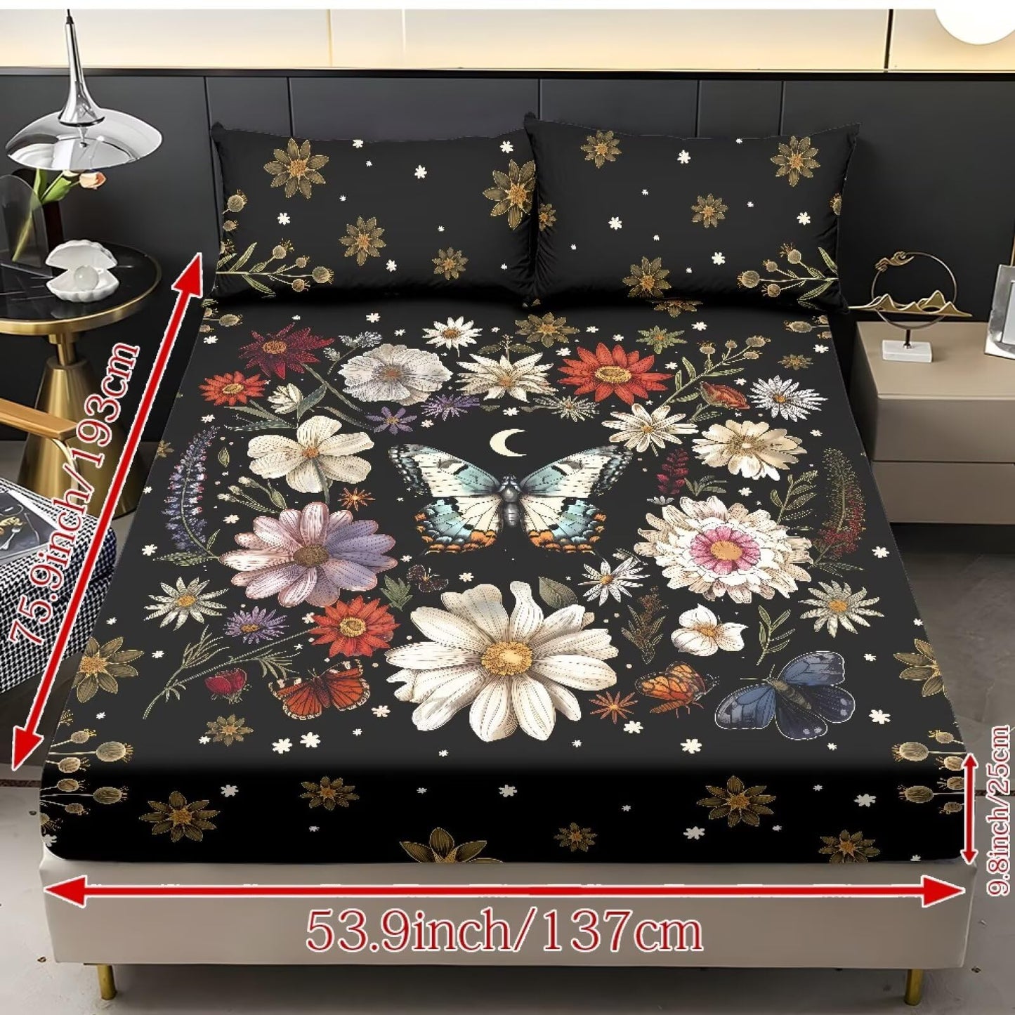 ZDCUSTOM Twin XL Size Floral Butterfly Sheets 3pcs Bedding Set for Girls Comfy & Wrinkle Free Fitted Sheet with 2 Pillowcases Black Bedsheet Easy Install Bedsheets, 39" x 79"