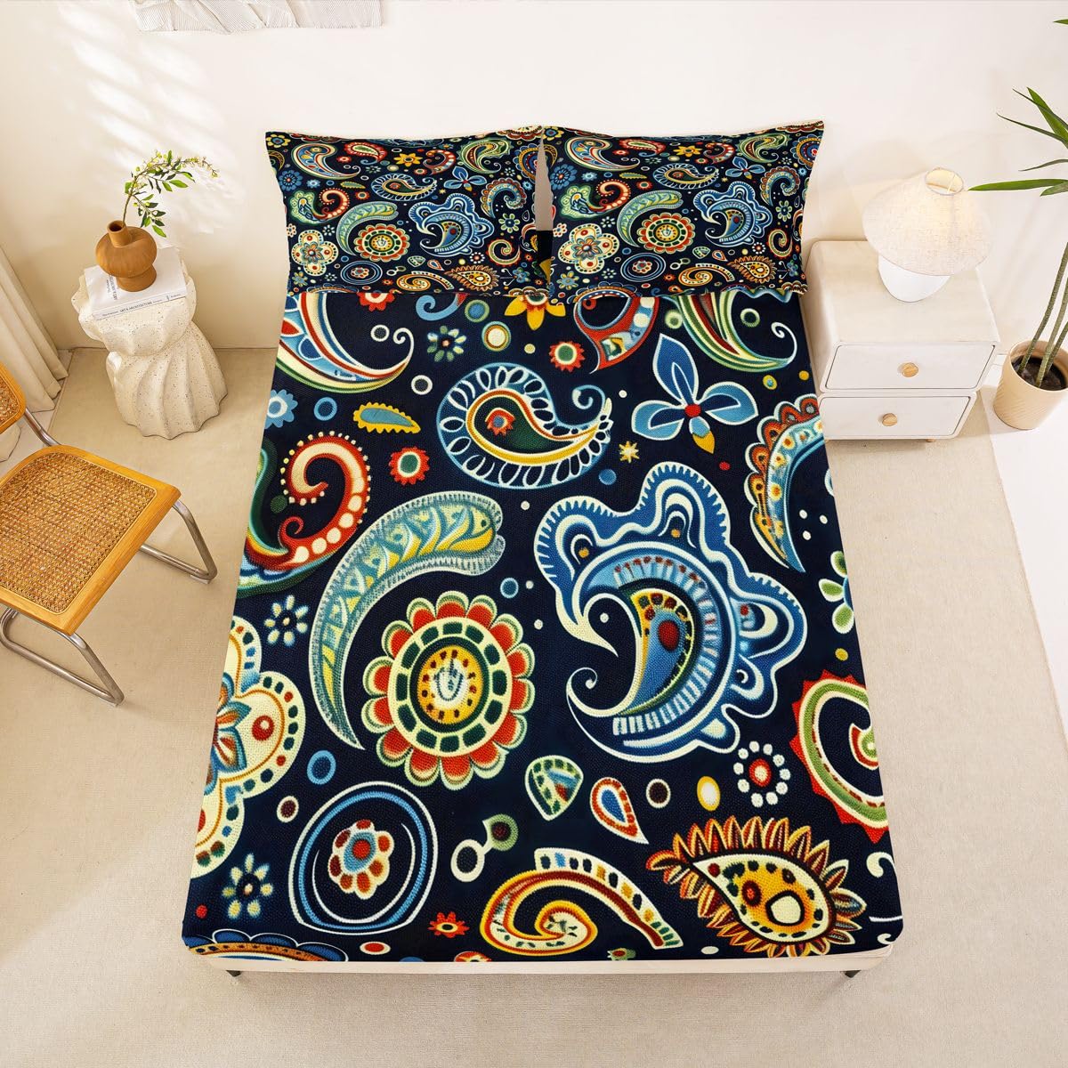 Feelyou Flower Bed Sheets Sets Queen Size Kids Boys Girls Paisley Bedding Set Boho Paisley Blue Print Bed Sheet Set with 16-Inch Deep Pockets Bohemian Exotic Style 4Pcs with 2 Pillow Cases
