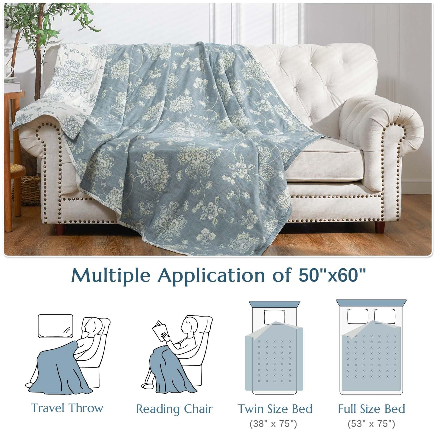 jinchan Boho 100% Cotton Muslin Twin Size 50x60 Inches Blanket Lightweight 4-Layer Quilted Soft Blue and White Floral Throw Blanket Green Accents Reversible Comfy Flower Breathable Summer Couch