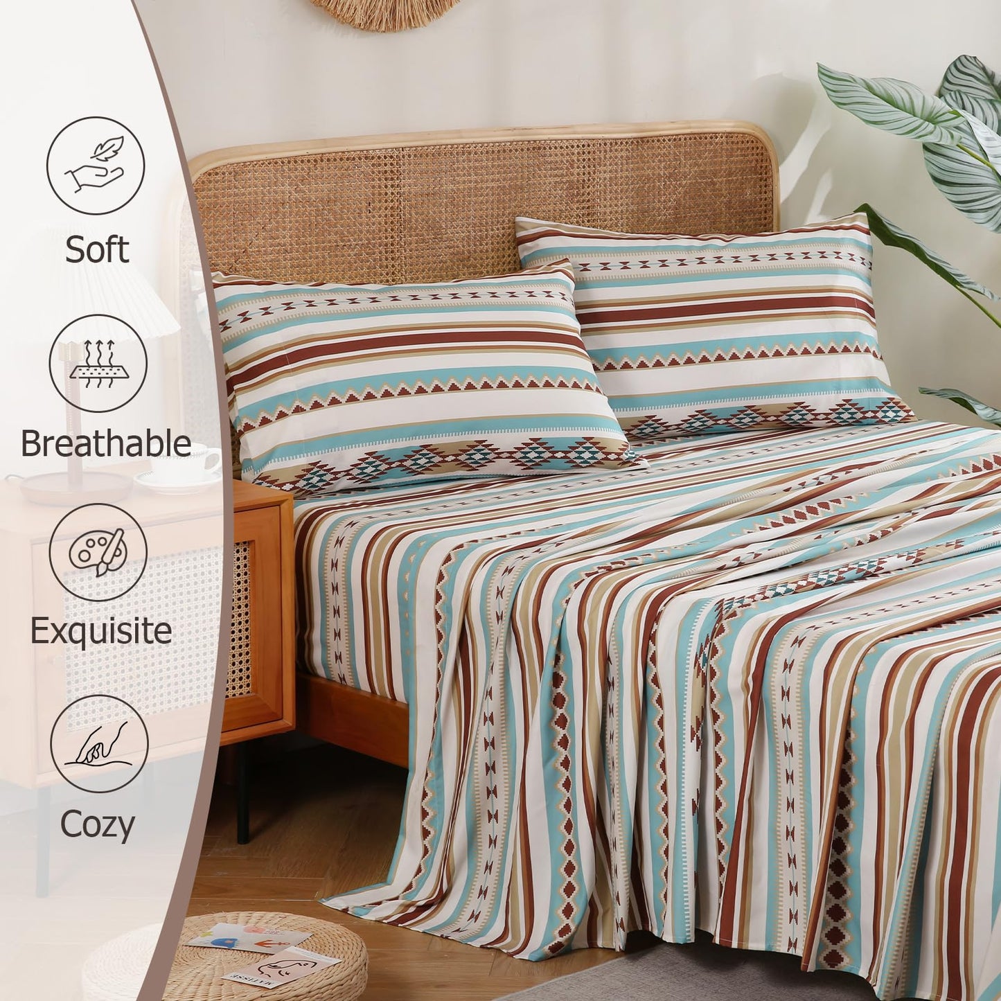 CozySmile 4 Pieces King Sheet Set Bohemian, Boho Sheets Soft Microfiber Deep Pocket, Western Sheets Geometric(King, Colorful Striped)