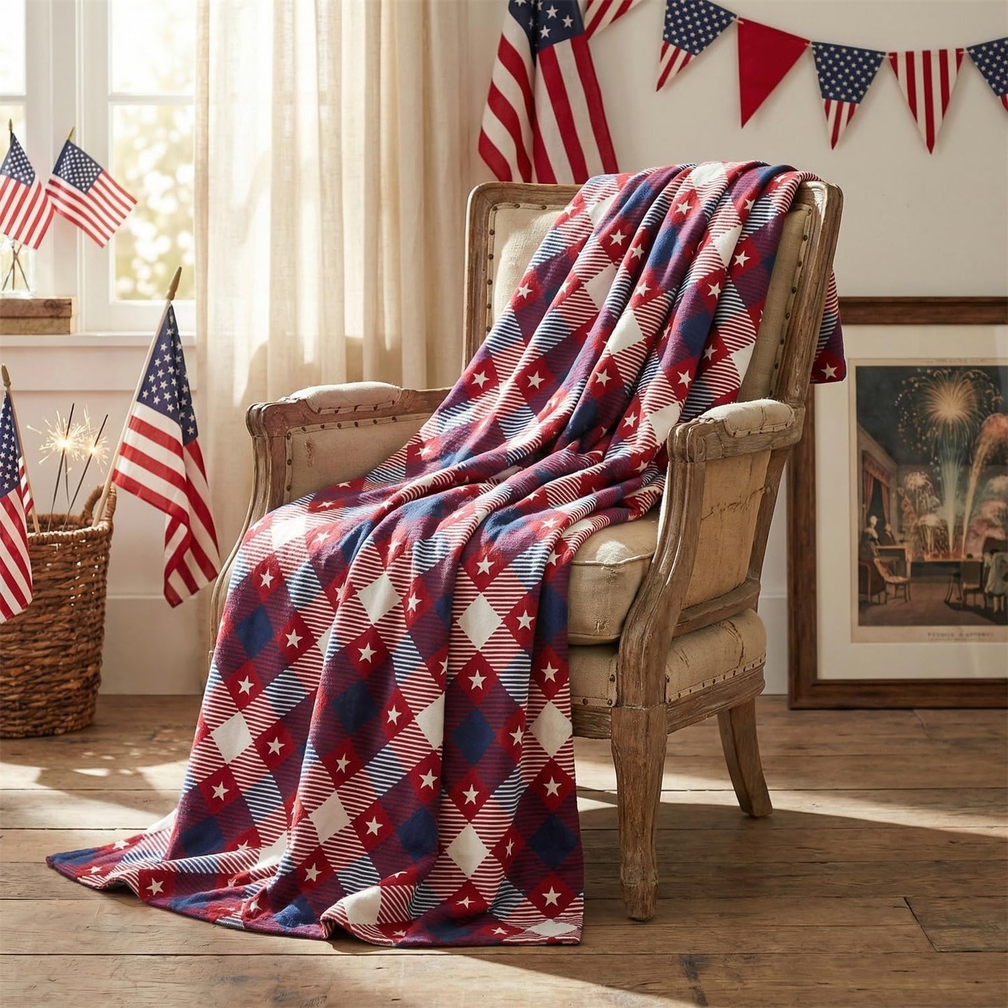 Horaldaily 4th of July Flannel Blanket Throw, Red Buffalo Plaid Stars Independence Day Memorial Day Soft Fuzzy Plush Cozy Fleece Blankets for Couch Sofa Bed Decor, Ideal Gifts for Kids Adults 50x60
