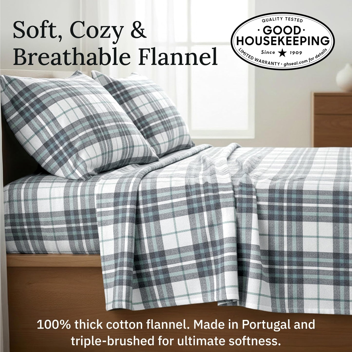 California Design Den Yarn Dyed Flannel Sheet Set Queen Size - Made in Portugal, 4-Piece 100% Cotton Queen Sheets Deep Pocket with Extra Depth, Thick, Velvet Soft, Triple-Brushed - Blue Plaid