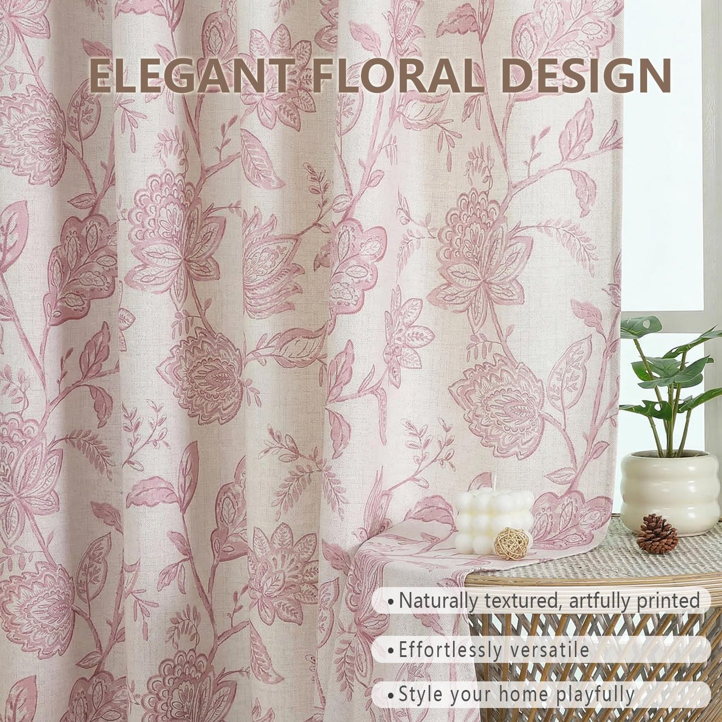 Ebesto Floral Curtains 63 Inch Length - Light Filtering Faux Linen Flower Printed Window Curtains for Bedroom, Rod Pocket No-See Through Privacy Drapes, 2 Panels, Each 40Wx63L Inches, Blush Pink