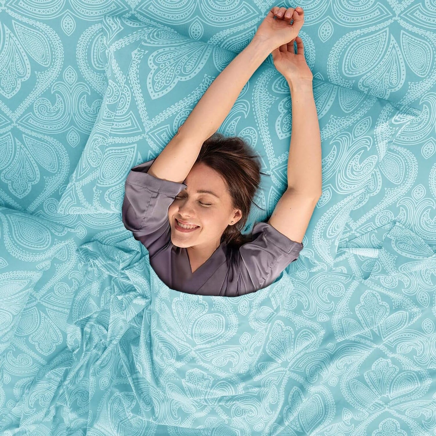 Ultra Soft Wrinkle-Free Microfiber Paisley King Sheet Set, Cute Floral Pattern Boho Print – 16" Deep Pocket Fitted Sheet, Flat Sheet & 4 Pillowcases, Breathable, OEKO-TEX - Blue