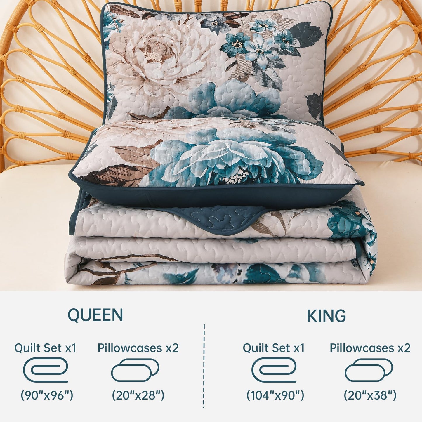 WONGS BEDDING Floral Quilt Set Aqua Queen,Quilted Printed Lightweight Bedspread Bedding Set for All Season,3 Pieces Reversible Botanical Plant Coverlet Set with 2 Pillow Shams