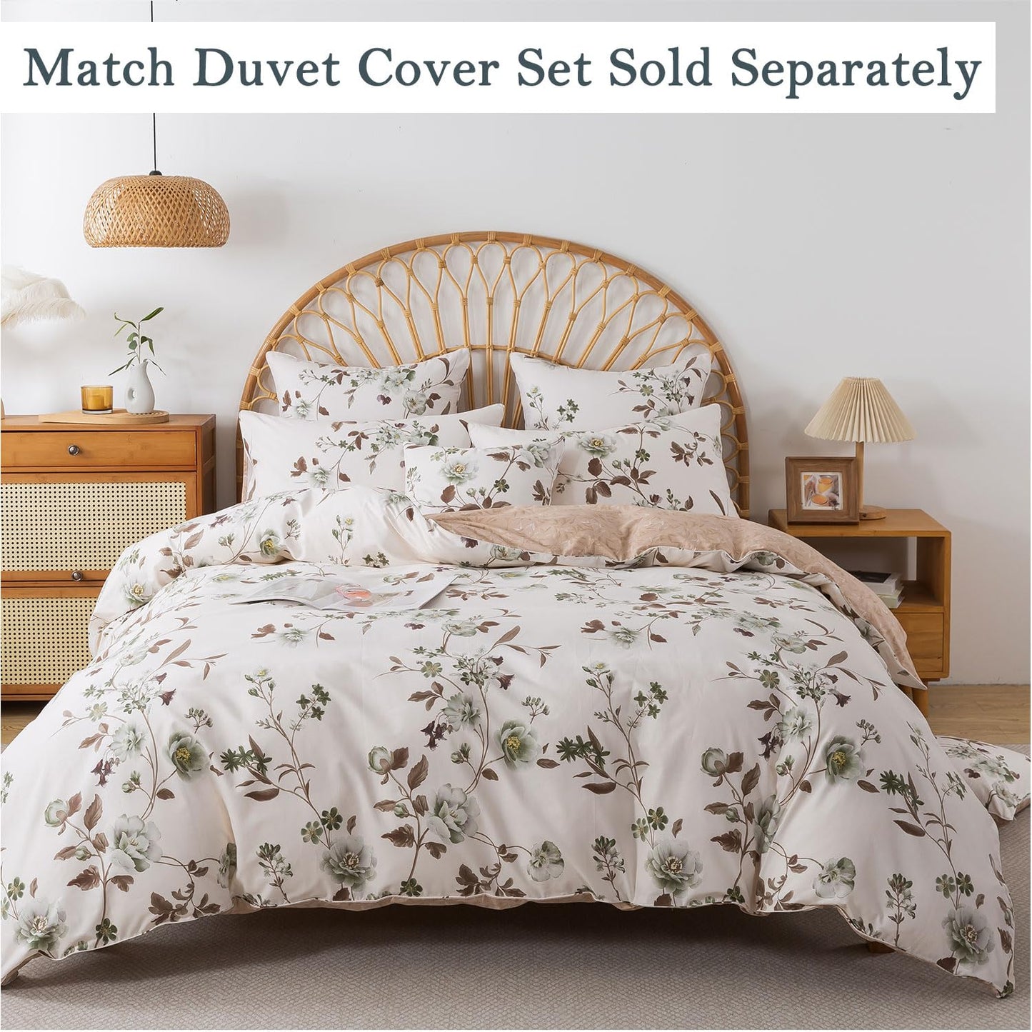 FADFAY Twin Sheets Set Percale Cotton Floral Bed Sheets Deep Pocket Fitted Sheet, Luxury Green Rose Floral Printed Shabby Bedding for All Season, Super Soft Crisp & Cool,4pcs