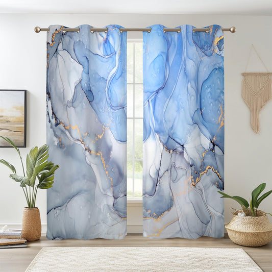 Renaiss Blue Marble Blackout Curtains, Light Blue Liquid Art Thermal Insulated Bedroom Window Curtains, Modern Luxury Marble Texture Window Drapes for Living Room, 42W x 84L 2 Panels Set