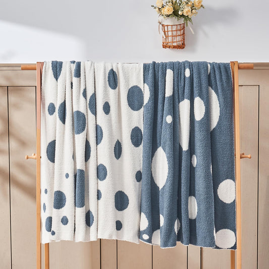 Douceur Polka Dot Throw Blanket for Couch Sofa Bed, Reversible Cozy Fluffy Super Soft Bedroom Blanket, Plush Dusty Blue Throw Blanket, 50×60 inches