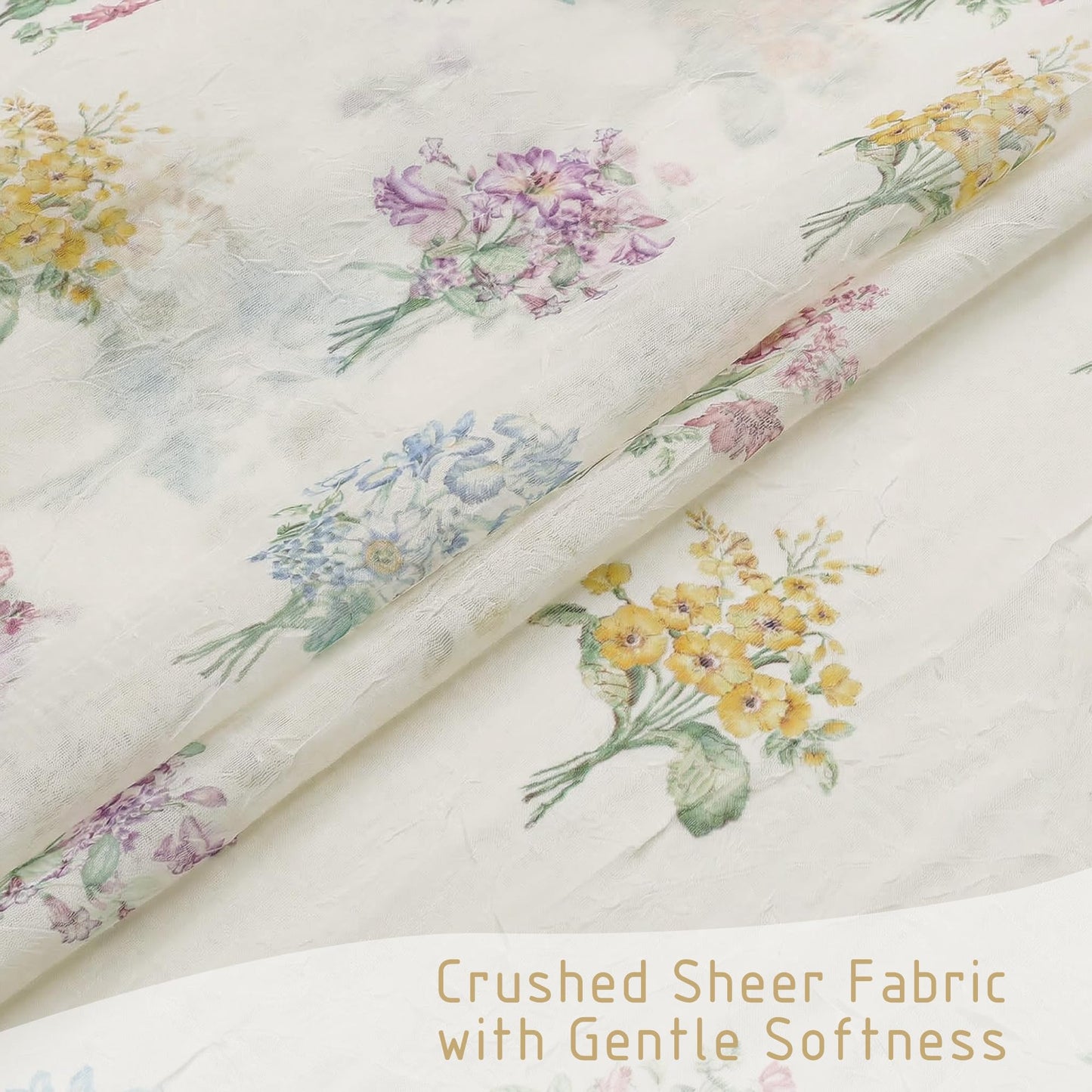Ebesto Crushed Floral Sheer Curtains 63 Inch Length - Light Filtering Printed Sheer Flower Patterned Curtains for Bedroom, Spring Romantic Rod Pocket Window Drapes, 2 Panels, 42Wx63L Inches, Natural