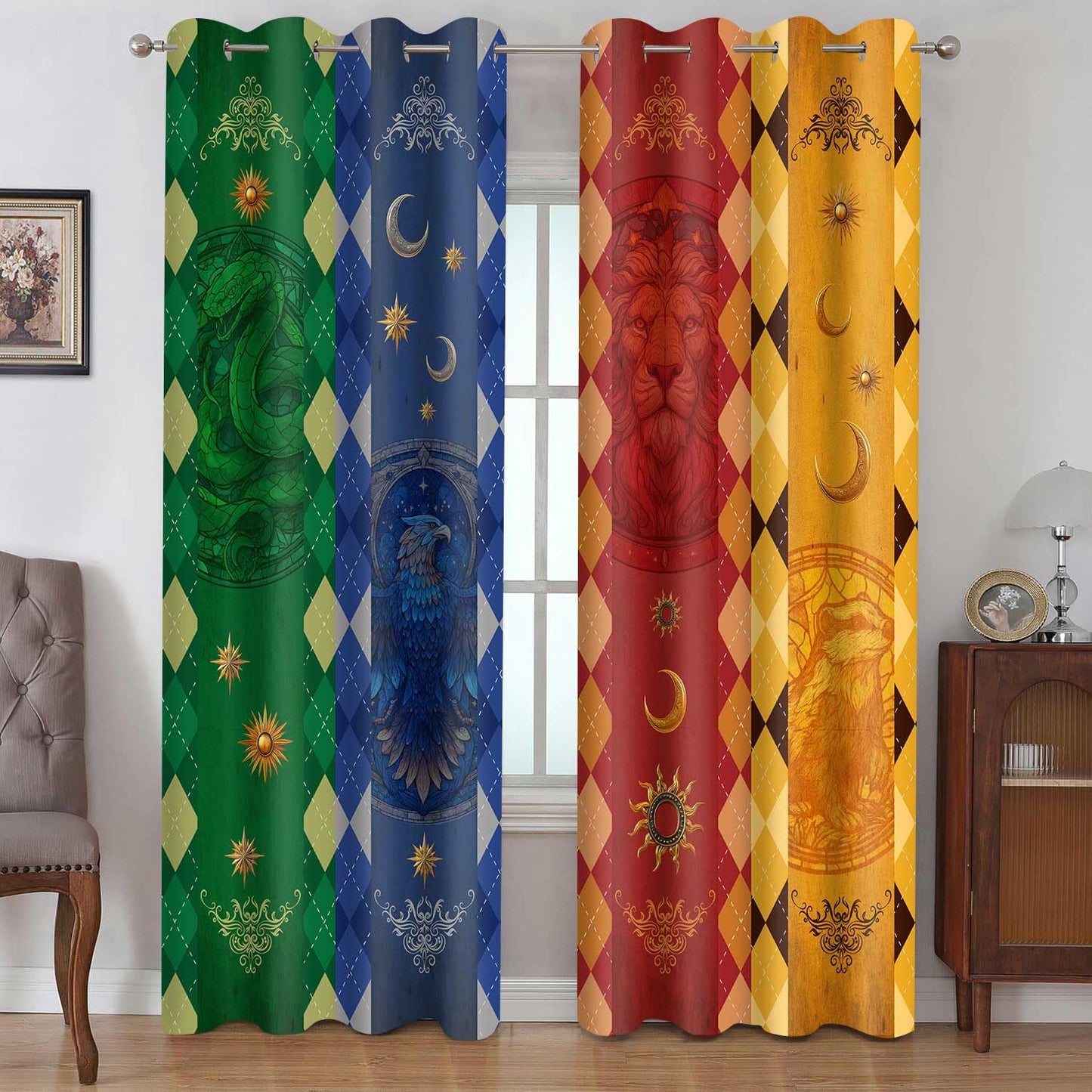 HIYSMT Enchanted Academy Blackout Curtains,Mythical Animal Emblem School House Privacy Drapes,4284inch Magic Flag Window Treatments for Bedroom Living Room,2Panel HILC04