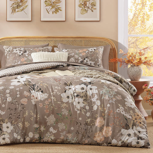 Andency Twin Size 5 Piece Reversible Bed in a Bag - Botanical Floral & Gingham Comforter Set, Farmhouse Vintage Rustic Comforter，Brown