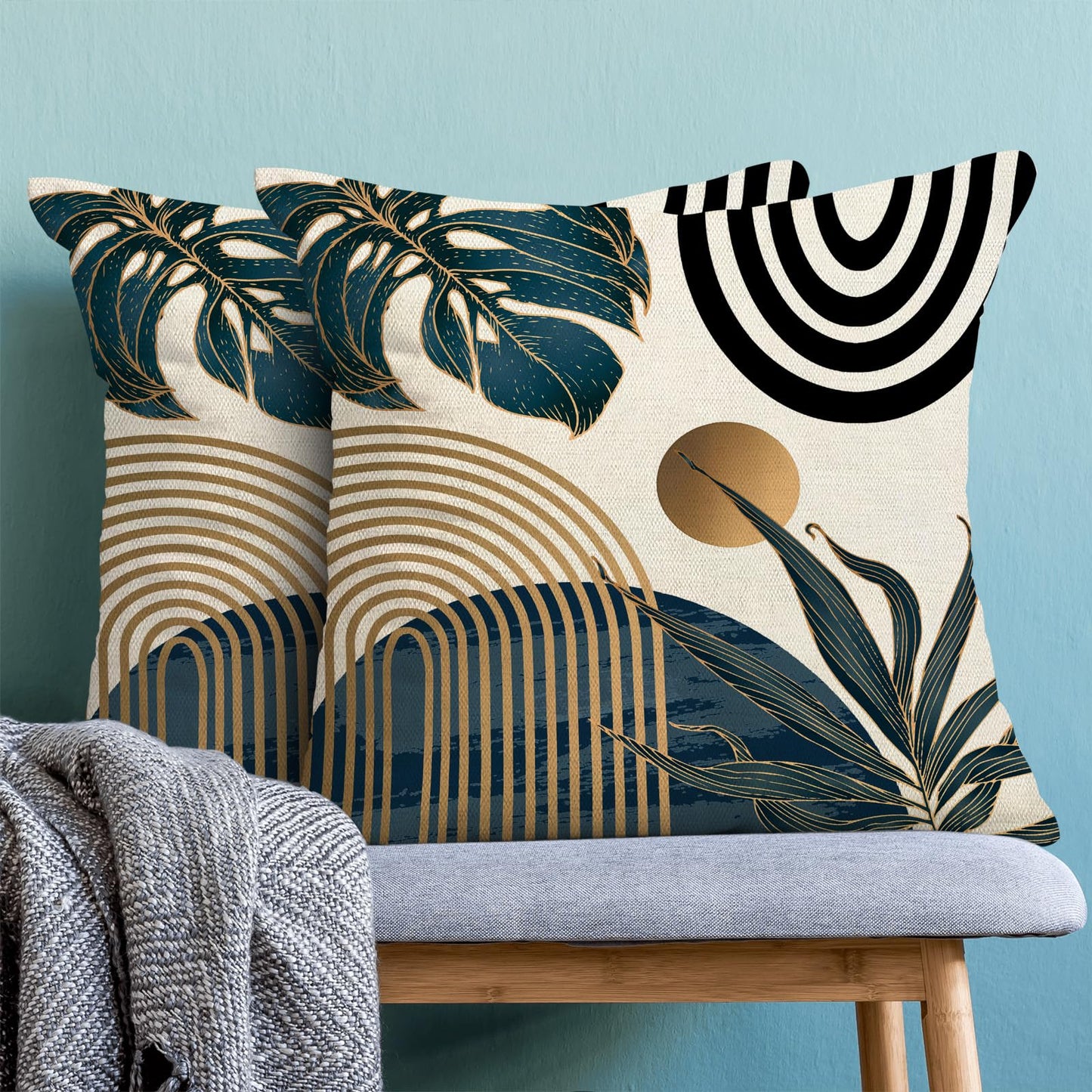 Boho Pillow Covers 18x18 Set of Mid Century Navy Blue Black Gold Tropical Leaf Throw Pillow Covers Outdoor Decor,Abstract Modern Bohemian Farmhouse Square Decorative Cushion Cover for Home Sofa