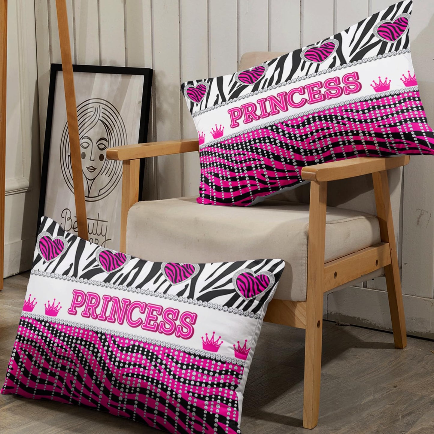 AILONEN Hot Pink Princess Fitted Sheet Twin XL Size with 2 Pillowcases,Zebra Stripes Bedding Set 3Pcs for Girls,Glitter Crown & Heart Bed Sheet Set for Home Decor