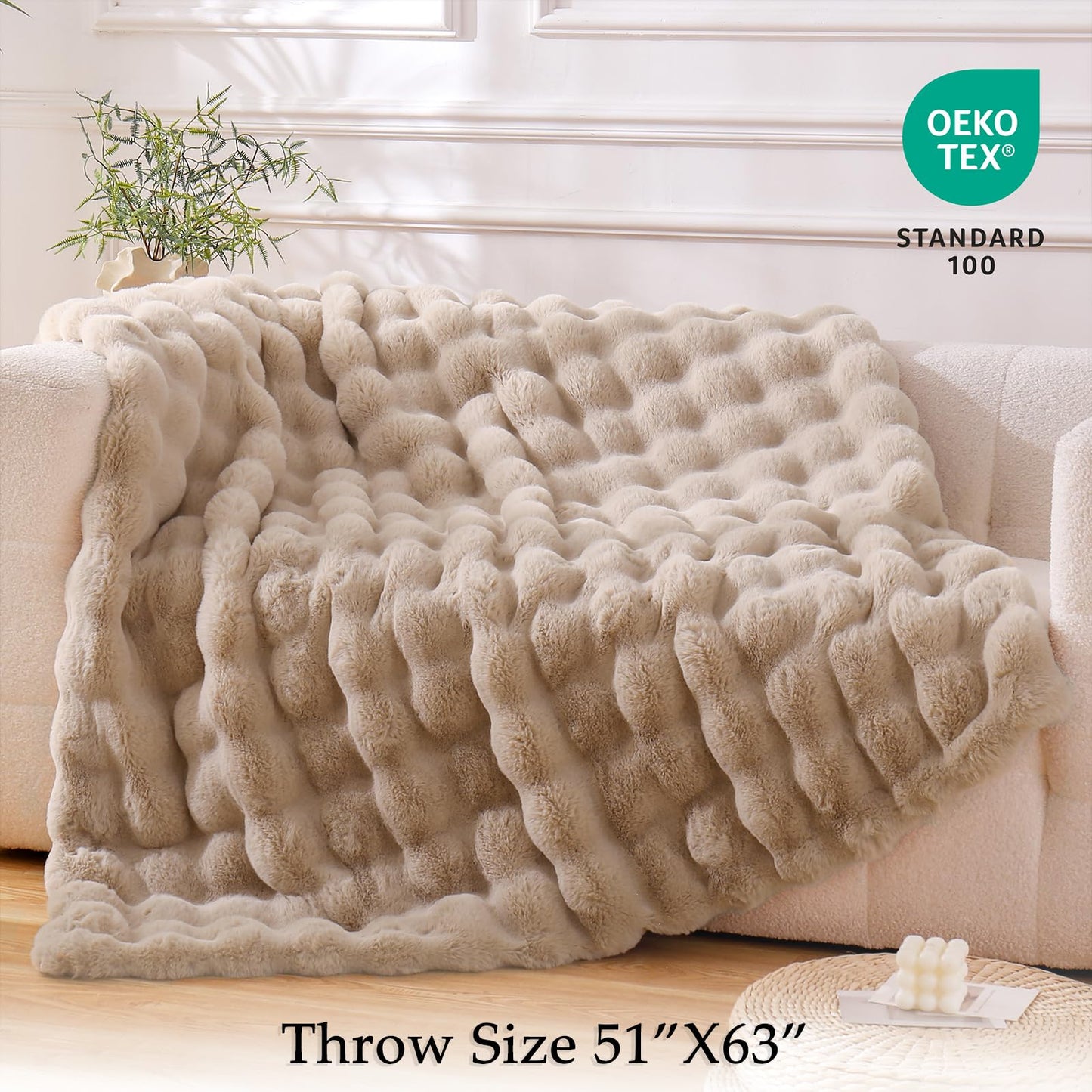 BENVWE Faux Fur Throw Blanket for Couch - Cozy Fuzzy Soft Plush Fluffy Thick Luxury Minky Bubble Blanket for Living Room Home Decor- Mothers Day Birthday Gifts for Women, Beige, 51" x 63"