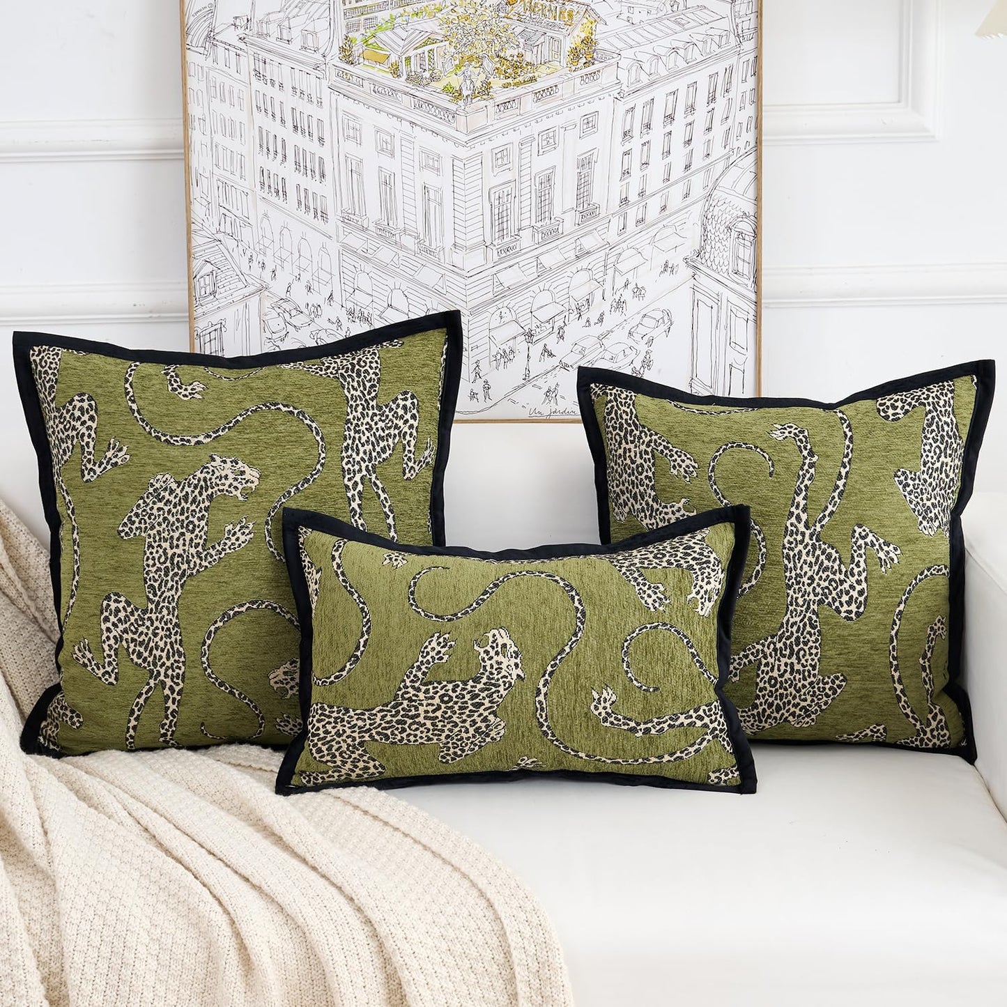 HERAYLI Premium Series, Snow Leopard Throw Pillow Covers, Animal Jacquard Cushion Cases for Home Decor, Chenille Velvet Double-Sided Designs, Dark Green, 18 x 18 inch, Covers Only