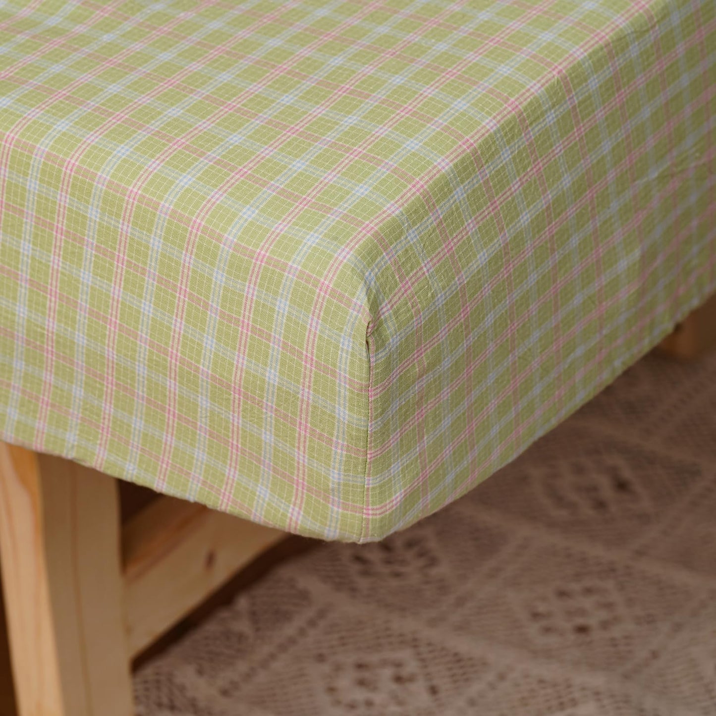 KAREVER Cotton Toddler Bedding Set Light Green Checkered 4 Pieces Grid Crib Bed Set Kids Washed Cotton Pliad Comforter Set