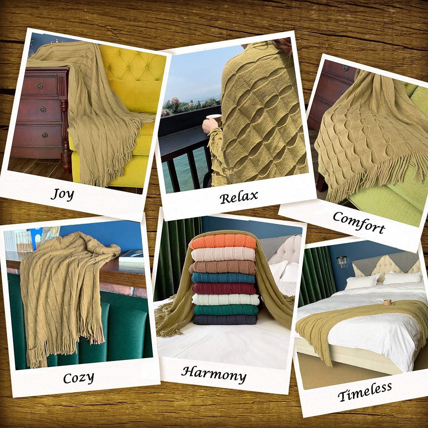 DISSA Knit Blanket Woven Blanket Throws for Sofa Throws for Couch Blanket Cover Boho Throw Blanket for Bed Cozy Super Soft Solid Plush Decorative Throw Blanket with Tassels (Khaki, 50"x60")