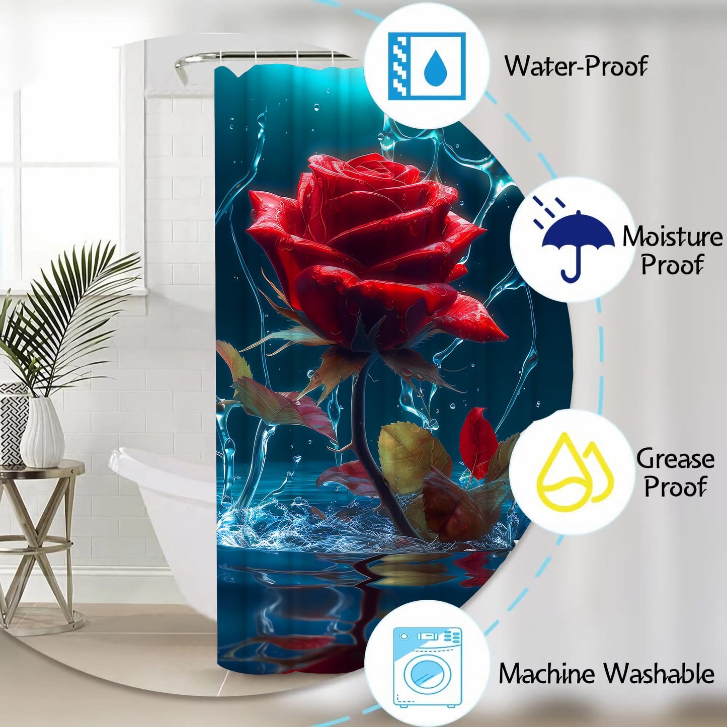Jirown Red Rose Shower Curtain Sets 4 Pcs,Non-SlipRugs Bath Mat Toilet Cover U Shaped Mat Black Red Shower Curtain with 12 Hooks,Durable Bathroom Decor Set