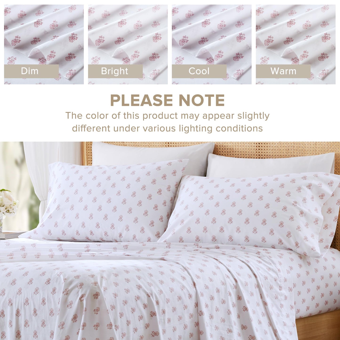 Comfort Spaces 100% Cotton Sheets Twin XL, Breathable, Naturally Cool Cotton Sheets, Soft Cotton Bed Sheets with 12" Elastic Pocket Fits up to 14" Mattress, All Seasons Sheet Set, Floral Pink 3 Piece
