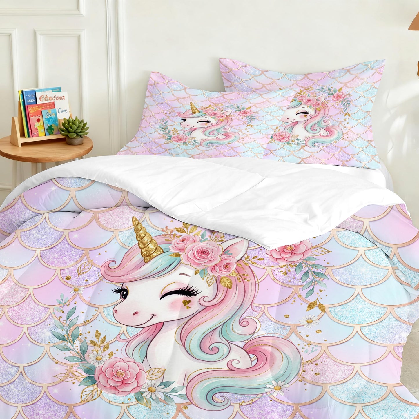 VTKON Unicorn Mermaid Bedding Set Twin Size, Pastel Pink Blue Glitter Scales Comforter Set, Magical Fantasy Bed Set for Kids Girls Room with 1 Comforter + 1 Pillowcase