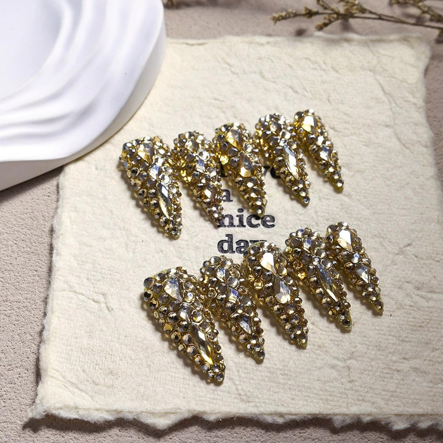 Almond Press on Nails Long Gold Rhinestones Handmade Fake Nails Luxury Full Cover False Nails with 3D Designs Acrylic Nails Press Ons Sparkly Reusable Glue on Nail for Women 10Pcs(Size M)