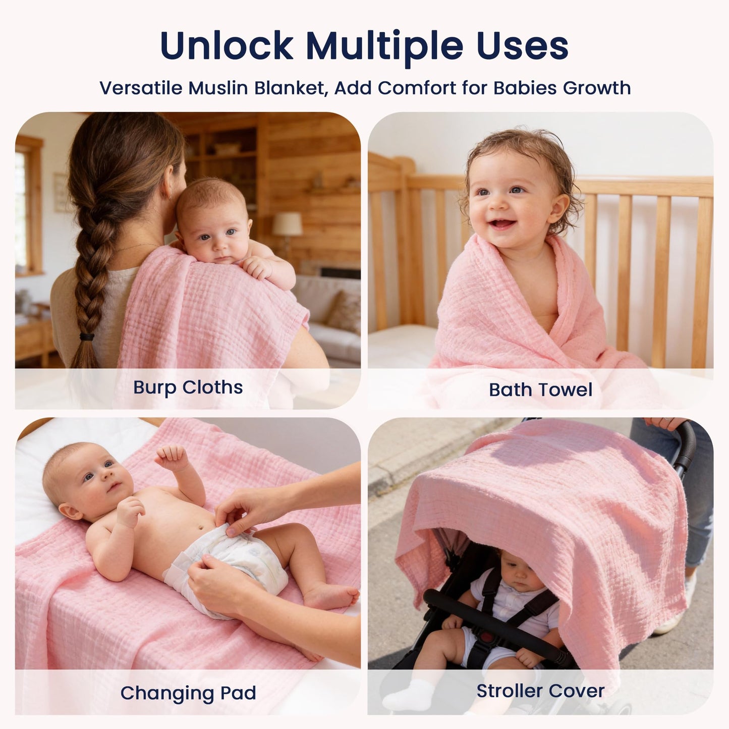 EXQ Home Muslin Swaddle Blankets for Baby, 3 Pack Cotton Breathable Soft Receiving Blankets for Newborn Boys and Girls, Baby Essentials & Gift, 38x40 inches(Pink Blossoms)