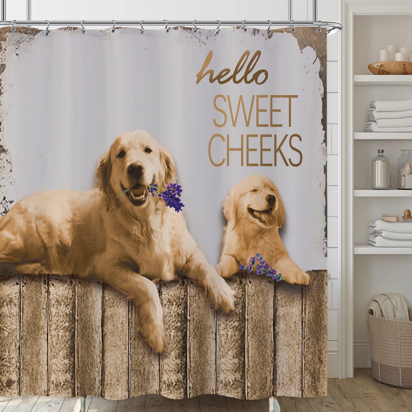 Laifzere Funny Dog Shower Curtain - Farmhouse Western Rustic for Bathroom Set, Wooden Fun Farm Retro Animal Hello Sweet Cheeks Fabric for Bathtub 72x72 Inch With Hooks