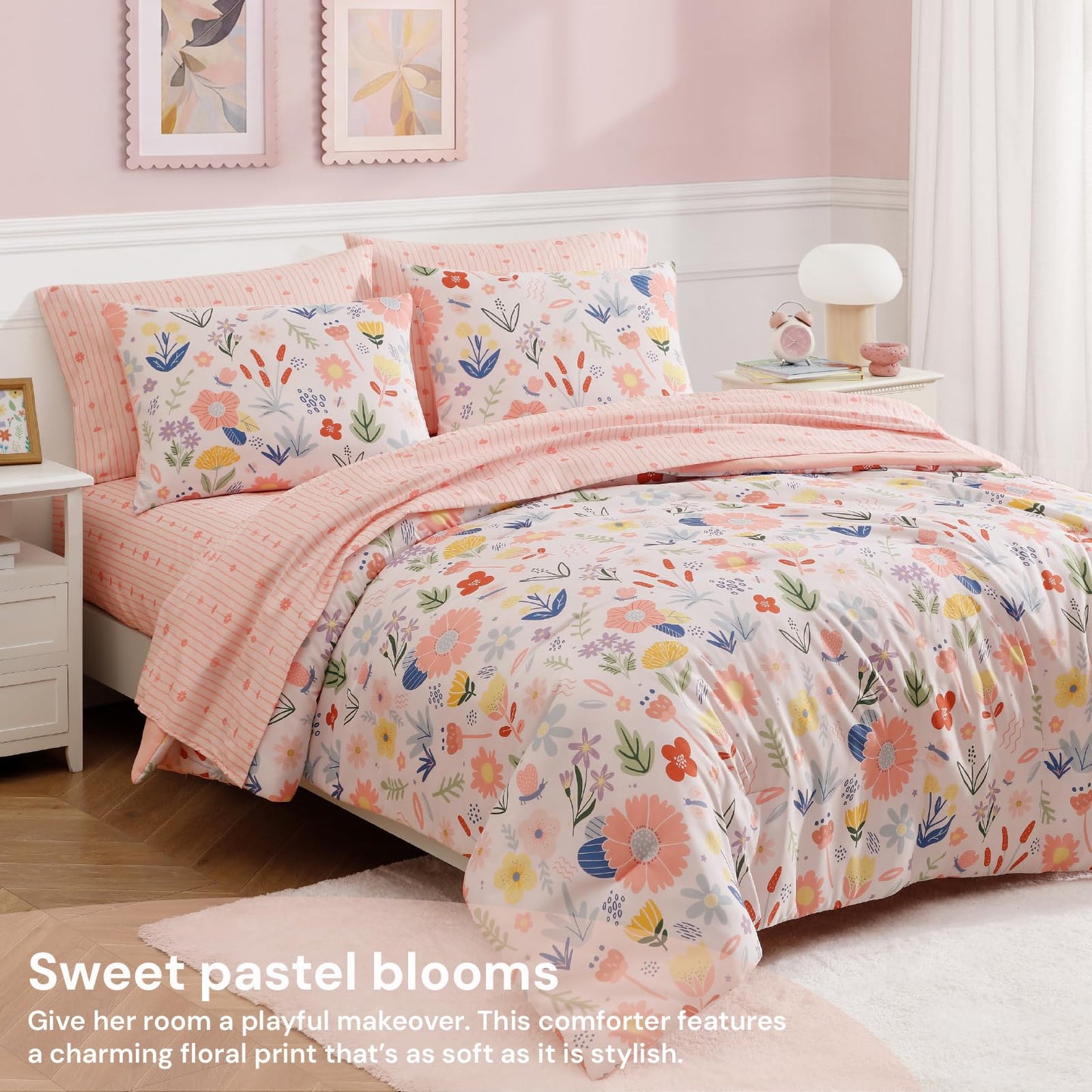 BLOOMHAVEN Twin XL Comforter Set for Girls, 5 Pieces Pink Bedding Set with Pastel Flower, All Seasons Kids Twin Comforter Set with Sheets, Pillowcase & Sham