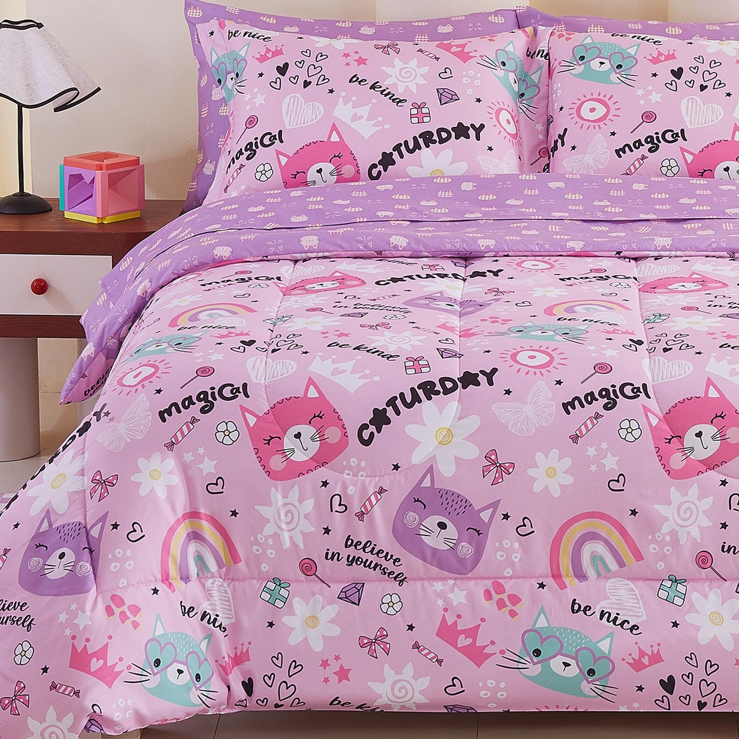 Viviland Kids Twin Bedding Sets for Girls, Soft Twin Comforter Set with Sheets, 5 Pieces Microfiber Bed in a Bag, Pink Cat Kitty