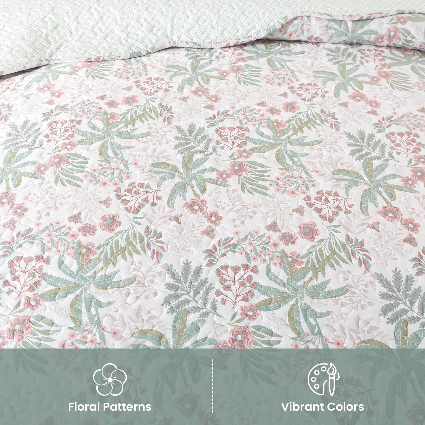 Etwel Lightweight Queen Size Quilt Set - Breathable Reversible Cotton Bedspread for Hot Sleepers, Farmhouse Floral Bedding Set with 2 Pillow Shams for All Season (90"x98", Green Botanical Floral)