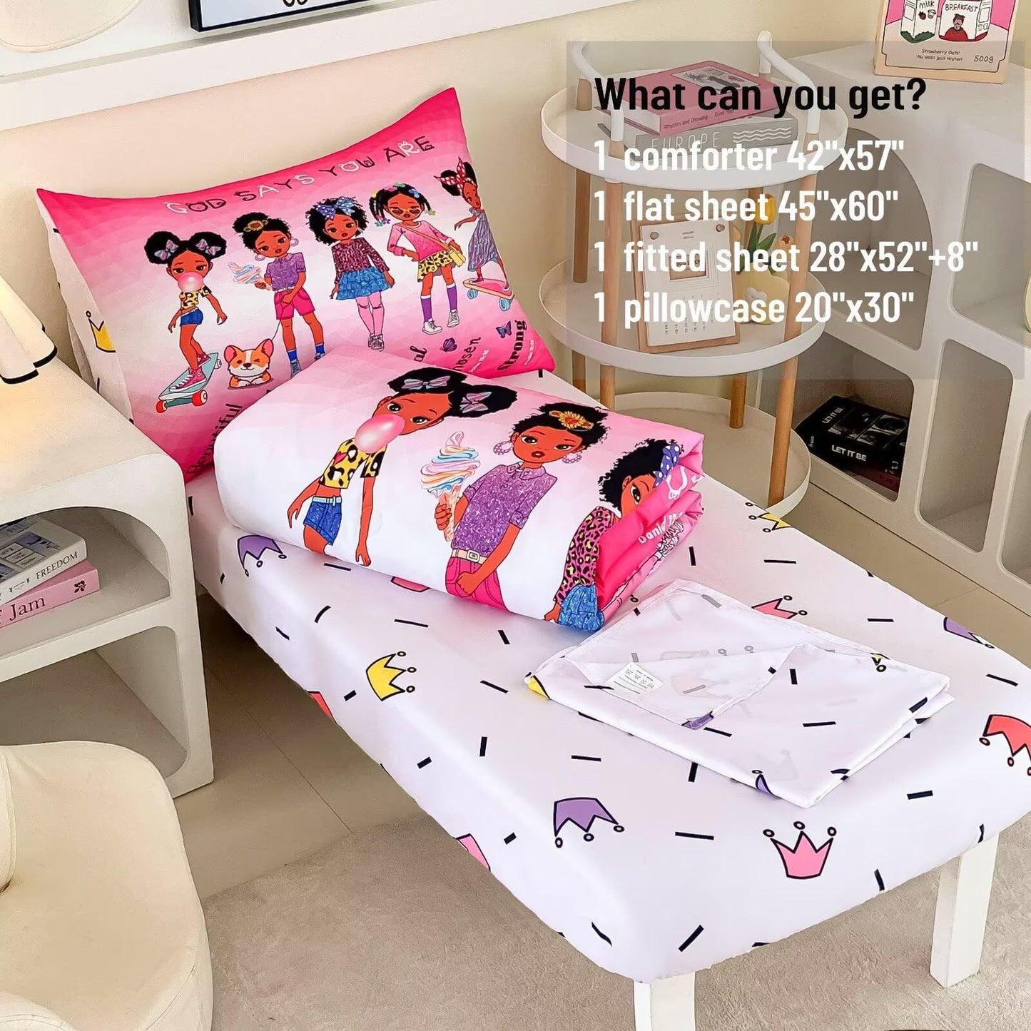 GRAT TIOC 4-Piece Toddler Bedding Set for Girls - Black Girl Magic Comforter Set Includes Comforter, Flat Sheet, Fitted Sheet, Pillowcase